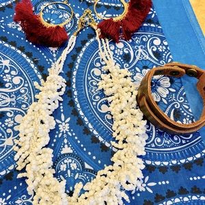 Vintage Fashion Bundle Seed Pearl Necklace Leather Cuff Bracelet & Red Earrings